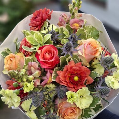 Handgebonden boeket in rood, oranje en limoengroen met rozen, dahlia, leeuwenbek en blauwe distel, in wit papier.